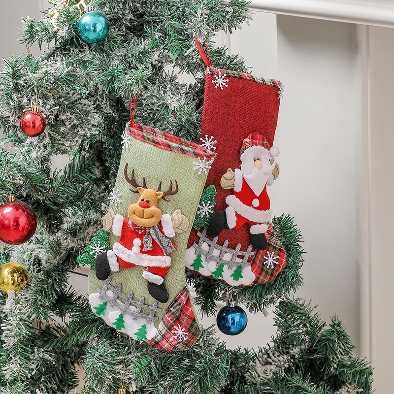 Christmas Stocking Hanging - Mehrfarbiger Weihnachtsstrumpf mit Cartoon-Weihnachtsmann-Motiv, Hängedekoration, Weihnachtssocken,